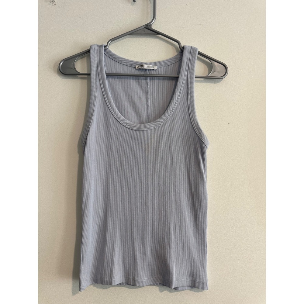 Zara Ribbed Scoop Neck Tank Top Womens Large Blue Grey Vertical Back Seam